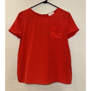 Sézane Warry 100% Silk Back Button Blouse front pocket Red Office Siren Size 6